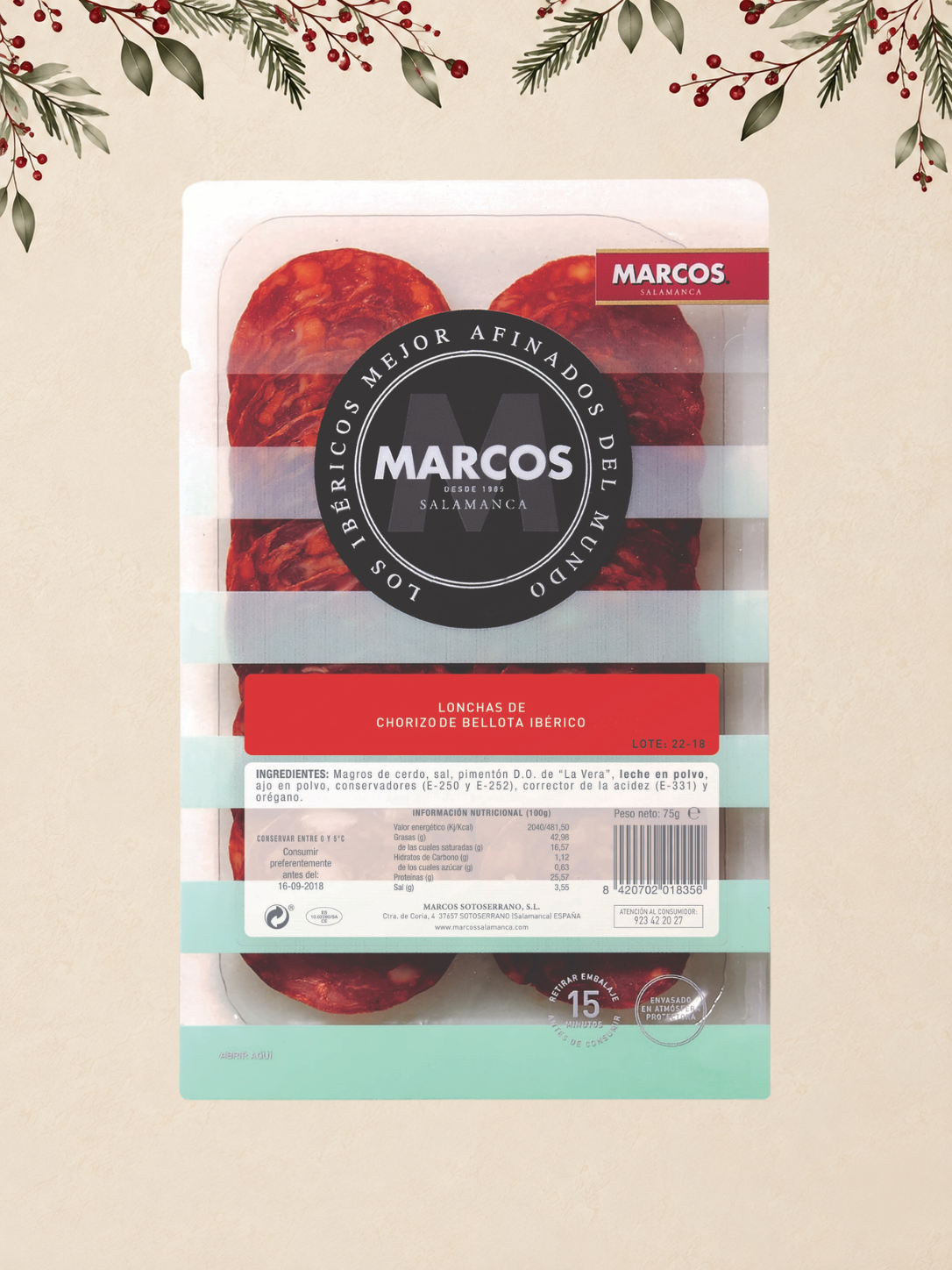 RACIÓN DE CHORIZO IBÉRICO DE BELLOTA MARCOS 75G